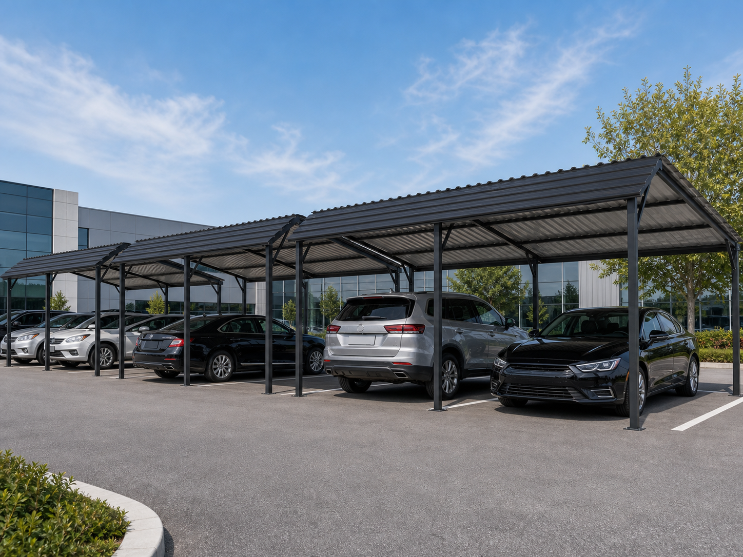 Steel parking shelters in a commercial parking lot